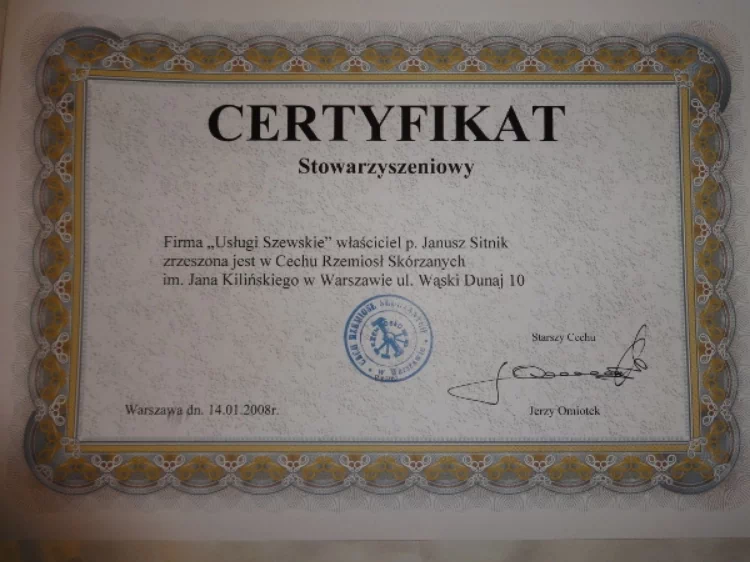 certyfikat Stowarzyszeniowy Jacek Szewc